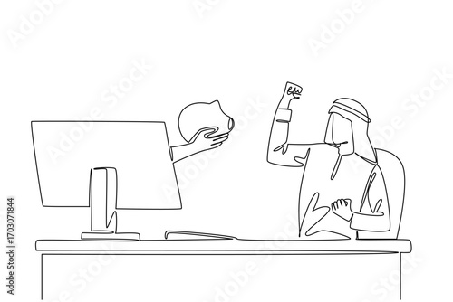 Single continuous line drawing hands out of the monitor screen while holding piggy bank. Prepare a budget to increase investment value. Savings. Things from Screen. One line design vector illustration
