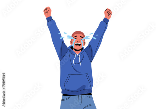 Person in blue cries tears of joy with arms raised high. Suitable for celebrating success, happiness, and pride concepts.