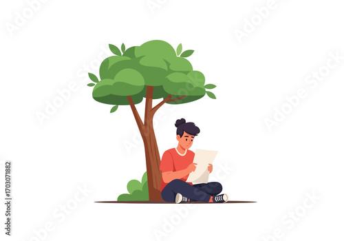 Peaceful scene of a person under a leafy tree pondering over paperwork in solitude. Suitable for nature retreat brochures and mindfulness concepts.