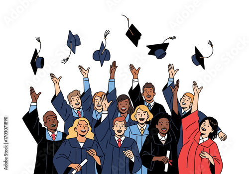Group of joyful graduates tossing their caps into the air. Perfect for graduation announcements, party invitations, and celebrations.