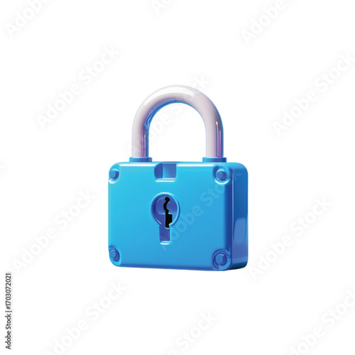 A bright blue cartoon-style padlock with a white shackle, isolated on a white background.