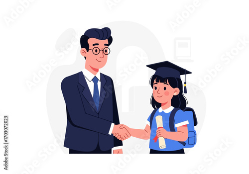 Man celebrates graduate girl with degree, cap. Perfect for graduation ceremonies, academic success celebrations, education, student accomplishments, theme events.