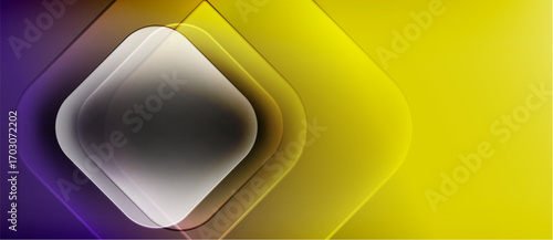 Abstract design features layered squares, purple to yellow gradient. Smooth transitions create modern visual effect. Minimalist composition.