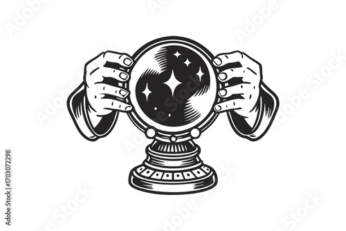 Hands Holding Crystal Ball with Stars on White Background