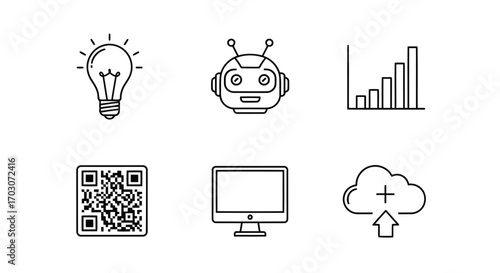 Vector illustration of collection of six technology and business icons, including a lightbulb, robot, graph, qr code, computer, and cloud upload