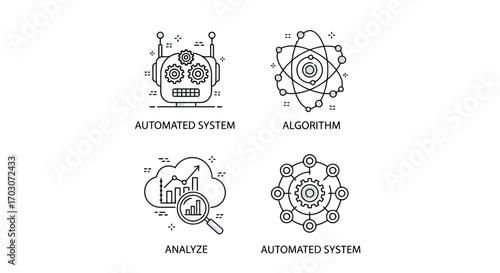 Vector illustration of four modern icons representing automated systems, algorithms, and data analysis