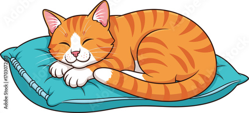 Sleeping orange tabby cat, curled on blue cushion, peaceful pet illustration, cozy home decor, cute feline, relaxing cartoon vector