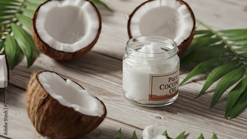 Coconut halves, coconut oil jar, and palm leaves on a wooden surface.