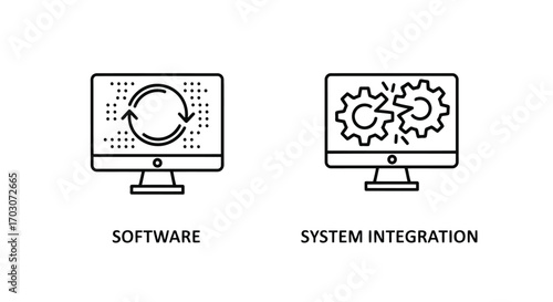 Vector illustration of two computer screen icons showing software cycle and system integration with gears on