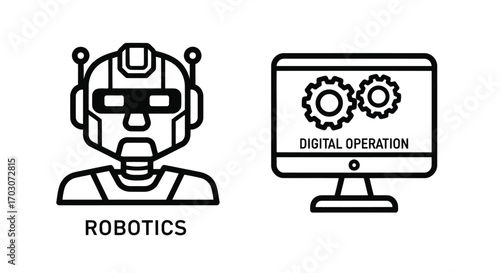 Vector illustration of two line art icons showing a robot head with the word robotics below and a computer screen displaying gears and the text digital operation