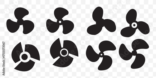 Fan propeller icon, vector set. Silhouette of Computer cooling device. Electrical temperature equipment. Cooling fan elements. Vector illustration.