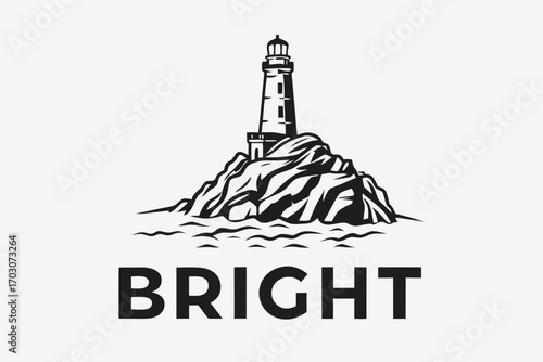 Isolated black silhouette lighthouse on rock with waves on white background