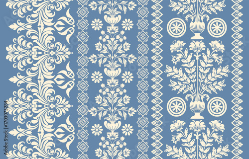floral pattern vintage ethnic modern embroidery texture boho design vector illustration hand drawn pink flower motif branches leaves wallpaper seamless background border.