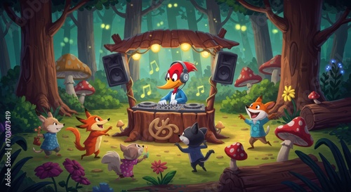 A vibrant illustration of a cartoon woodpecker DJ playing music for dancing forest animals at a magical woodland party at night