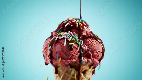 Ice cream cone with chocolate syrup and sprinkles on a blue background.