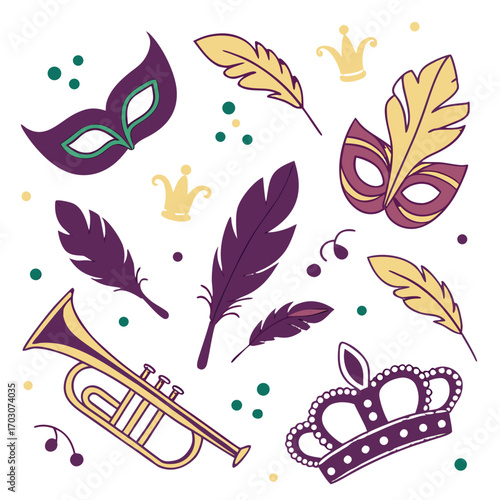 Mardi gras elements with mask, crown, feather, trumpet