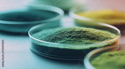 Green powder in petri dishes, close-up view