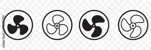 Fan propeller icon, vector set. Silhouette of Computer cooling device. Electrical temperature equipment. Cooling fan elements. Vector illustration.