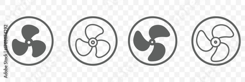 Fan propeller icon, vector set. Silhouette of Computer cooling device. Electrical temperature equipment. Cooling fan elements. Vector illustration.