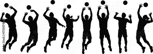 Volleyball jump serve silhouette sequence, athlete motion breakdown, black and white vector illustration, sports technique, minimal design, training concept art