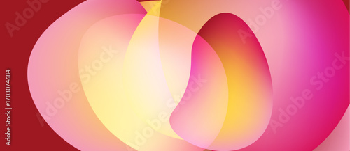 Abstract shapes overlap, creating vibrant color gradients. Warm tones dominate, with hints of red framing composition. Smooth transitions define forms.