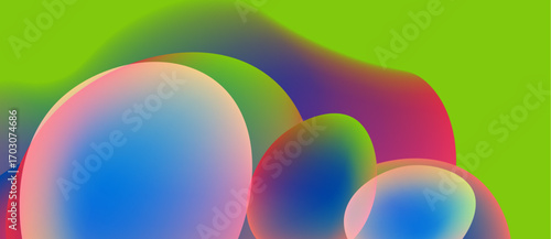 Abstract colorful orbs overlap, creating fluid shapes against vibrant green background. Smooth gradients define forms.