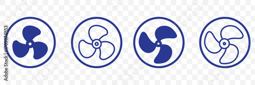 Fan propeller icon, vector set. Silhouette of Computer cooling device. Electrical temperature equipment. Cooling fan elements. Vector illustration.