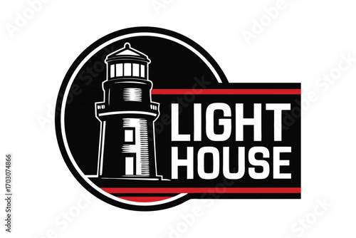 Minimalist Lighthouse on Rocks with Beacon and Wave Against White Background