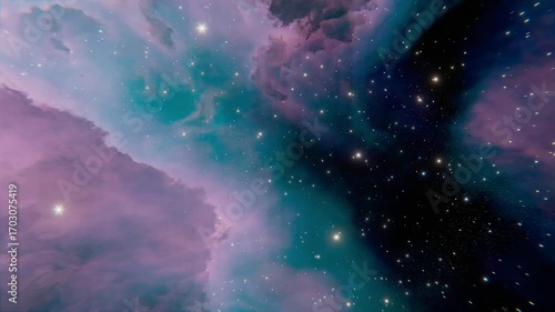 A breathtaking high-resolution animation of a pastel space nebula, featuring soft pink and blue swirling clouds of cosmic gas and dust drifting through the frame