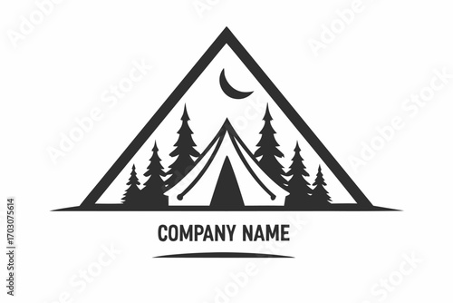 Mountain Tent Logo With Crescent Moon, Forest Silhouette On White