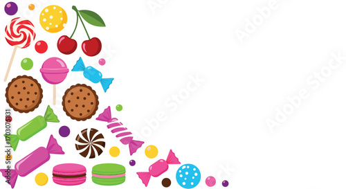 An assortment of sweet confections including candies lollipops cookies cherries and macarons arranged playfully