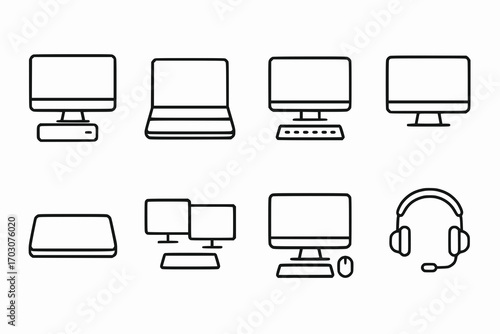 Minimalist line icons of office computers and laptops