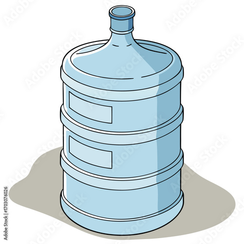 A large, light blue water cooler bottle with a cap on it, sitting on a light gray surface. The bottle appears to be made of plastic and has a few empty label spaces.