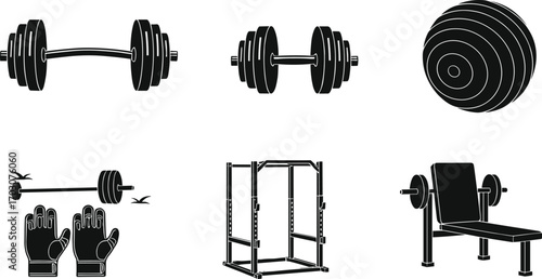 Set of black fitness equipment silhouettes including dumbbells, exercise ball, weightlifting gloves, squat rack, bench press isolated on white.