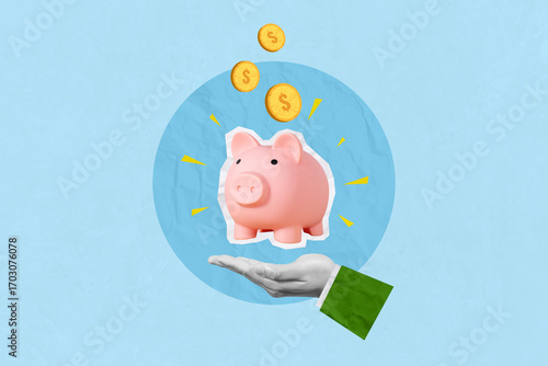 Creative art collage of invest and saving success in the future goal. Hand holding piggy bank with coin are dropping from above