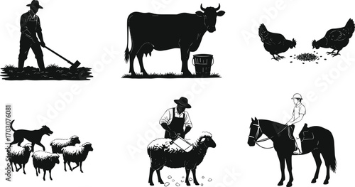 Silhouettes of farmer working, cow with bucket, chickens eating, sheep with herding dog, shepherd shearing sheep, horse rider farming agriculture.