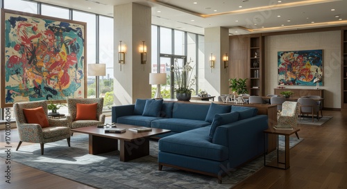 Luxurious modern lounge with vibrant abstract art, comfortable seating, and elegant lighting creating an inviting upscale ambiance perfect for hospitality or corporate spaces.