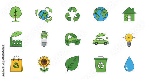 Collection of green ecology and nature themed pixel art icons for sustainable living and environmental protection concepts