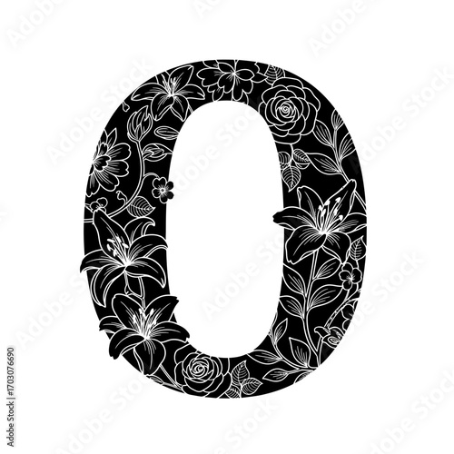 Elegant floral number zero design black and white outline