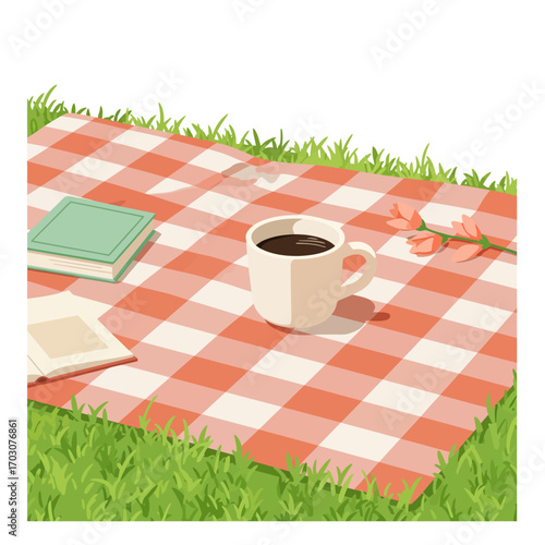 Cozy Picnic Blanket With Coffee and Books in Green Grass