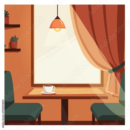 flat 2D Cozy cafe interior scene with a table by the window and a cup of coffee