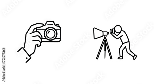 a hand holding camera beside person using tripod setup