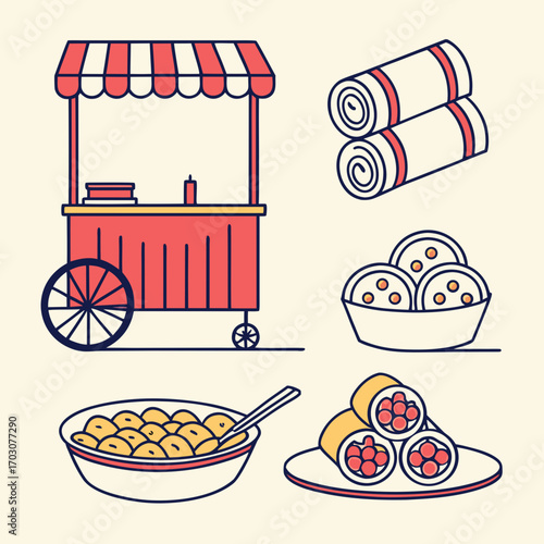 Hand drawn vector illustration of street food stall and snacks isolated