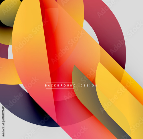 Abstract shapes overlap, creating vibrant gradients. Warm colors dominate, with hints of cool tones. Modern design element for backgrounds.