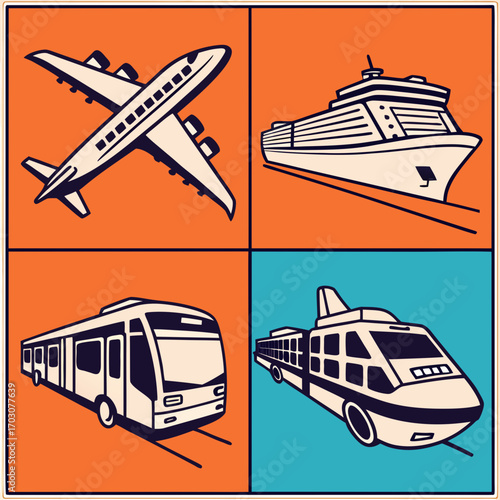 Four modes of transportation in a square format with black outlines