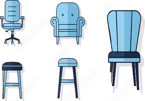  image that shows five different types of chairs. Here's a brief description of each one, from left to right, top to bottom: