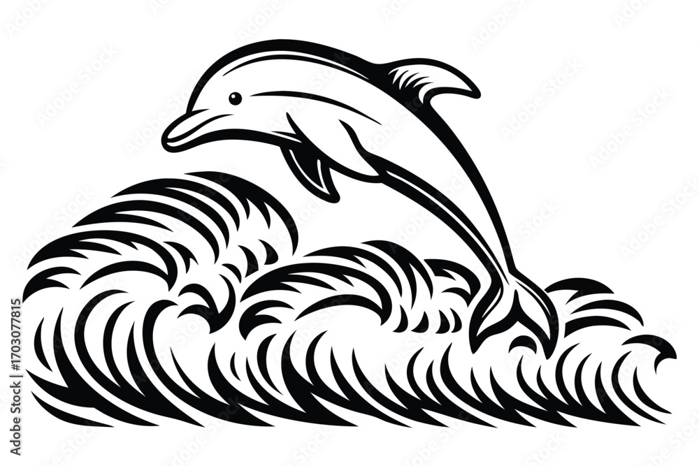 Obraz premium Silhouette Dolphin with Waves and Geometric Shape on White Background
