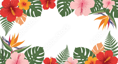 Vibrant tropical floral border with exotic flowers and lush green leaves illustration