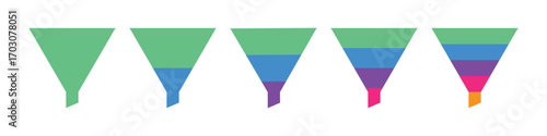 Colorful funnel chart infographic for business workflow, sales process and marketing strategy. 1, 2, 3, 4, and 5 parts