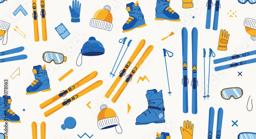 Vibrant winter sports gear pattern with skis boots goggles and hats for outdoor adventures